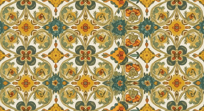 Intricate vintage damask wallpaper pattern with ornate floral and geometric motifs in muted earthy tones of ochre, teal, and cream