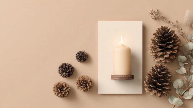 minimalist christmas greeting card mockup with candle and pinecones on soft beige background cozy holiday layout ideal for seasonal branding or design presentation