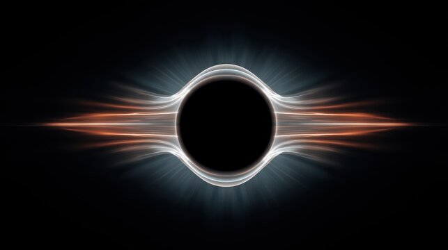 Abstract representation of a black hole with radiant light beams illuminating the space around it, creating a cosmic and mysterious atmosphere