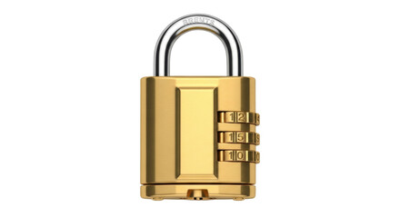 Isolated golden combination padlock, security lock with rolling numbers, metallic object