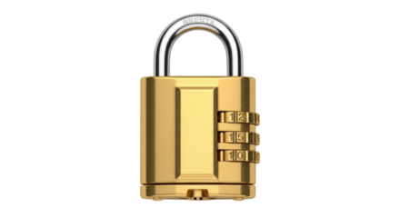 Isolated golden combination padlock, security lock with rolling numbers, metallic object