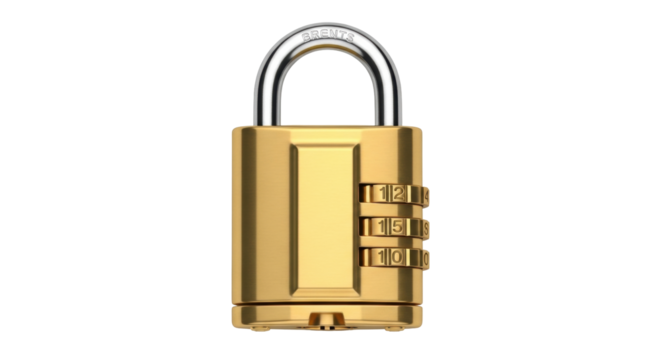 Isolated golden combination padlock, security lock with rolling numbers, metallic object