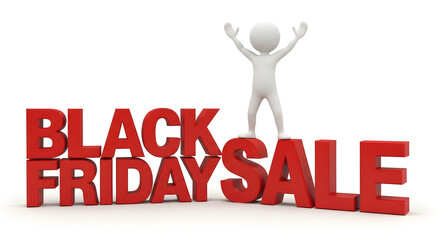 Black Friday Sales: A joyous celebration of commerce, as a figure stands triumphantly atop bold, red letters heralding a massive sale event.