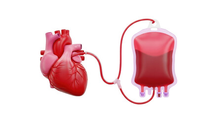 Isolated heart with blood bag connected by tubing, transfusion, red color, 3d rendering