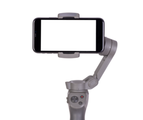Close up of a blank smart phone on a gimbal stabilizer recording horizontal video isolated on white or transparent background