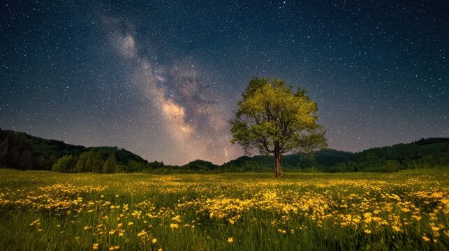 A lone tree rises under a starry night sky encircled by a field of yellow wildflowers