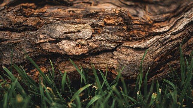 Detailed view of nearly dry tree bark on green grass highlighting natural textures and earthy colors perfect for nature and environment photography - Powered by Adobe