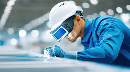 Plasma, Technician using plasma arc welder with protective gear in a work environment.