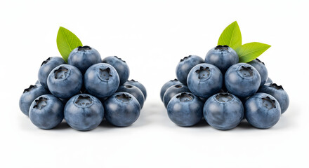 Fresh Blueberry Delight: Two meticulously arranged piles of ripe blueberries, their vibrant blue hues accentuated by delicate green leaves, offering a visually stunning display of nature's bounty.
