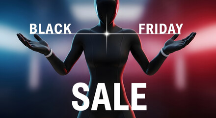 Black Friday Sale: A dramatic representation of the highly anticipated shopping event. A central figure with open hands showcases the Black Friday Sale concept.