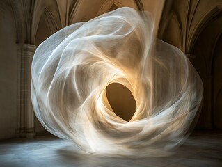 Ethereal light painting swirling inside gothic architecture, time exposure