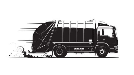 Dynamic black and white garbage truck speeding down the street, perfect for waste management ads or environmental awareness campaigns, showcasing efficiency and urban cleanliness