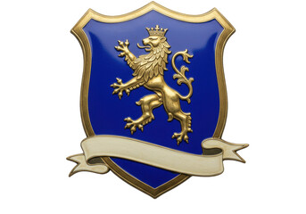Isolated heraldic emblem shield with lion and banner ribbon, royal crest or insignia