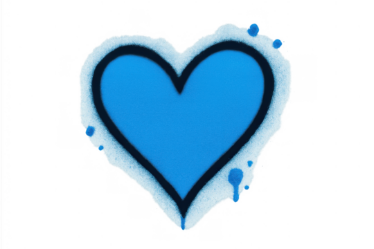 Blue heart graffiti spray painted symbol with drips, street art element expressing love and emotion on transparent background