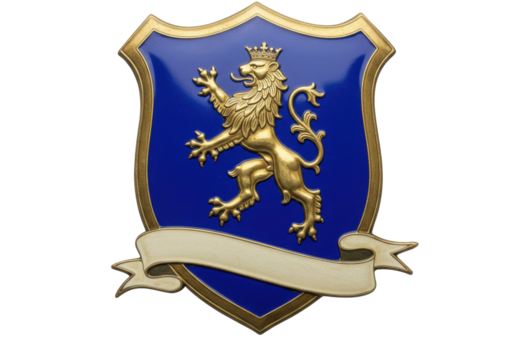 Isolated heraldic emblem shield with lion and banner ribbon, royal crest or insignia