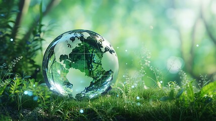 Crystal globe nestled in green grass, representing environmental awareness and a sustainable future