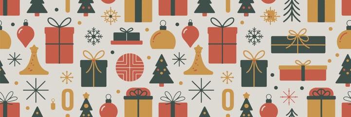 Seamless Christmas Gift Pattern – Holiday Decoration Design with Xmas Icons, Birthday Celebration Elements, Happy Festive Art, Colorful Presents, Seasonal Ornament and Decorative Repeat Background