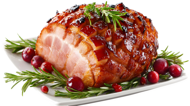 Christmas ham with glaze and garnish isolated on white background