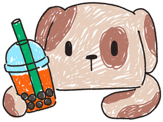 Cute Puppy Hugging Boba Milk Tea. Kawaii Style Cartoon