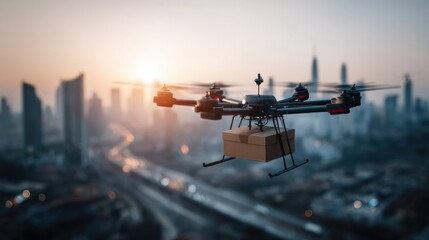 Drone Delivers Package in Smart City Showcasing Efficiency and Innovation at Sunset