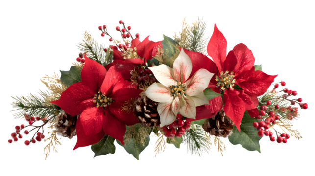 Christmas floral corner arrangement with poinsettia and pine accents isolated on white background