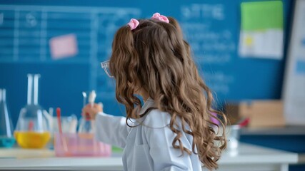happy little girl scientist in lab coat smiling and experimenting with colorful liquids in classroom science laboratory setting