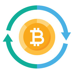 Bitcoin cryptocurrency coin with green and blue arrows isolated on white background