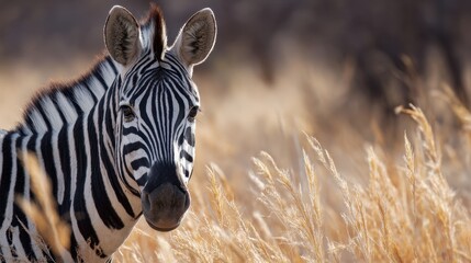 Obraz premium A zebra in South Africa s wilderness its bold stripes contrasting with golden grass highlights the allure of nature s wild beauty