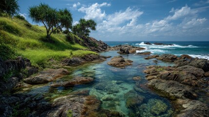 Stunning coastal view features clear blue water rugged cliffs and vibrant greenery ideal for nature scenes