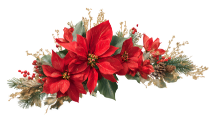 Christmas floral corner arrangement with poinsettia and pine accents isolated on white background