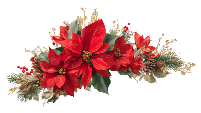 Christmas floral corner arrangement with poinsettia and pine accents isolated on white background
