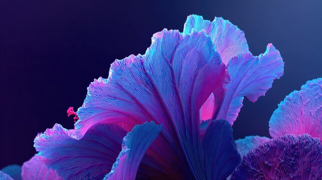 Abstract three dimensional rendering of vibrant bioluminescent plant forms against a dark background