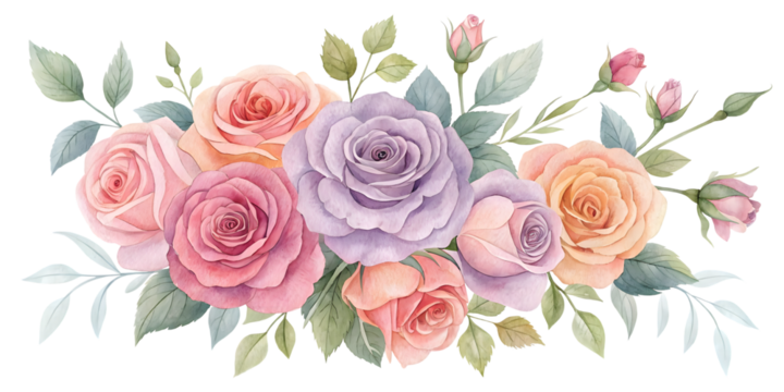 Rose watercolor bouquet with leaves isolated on transparent or white background. Flower png. - Powered by Adobe