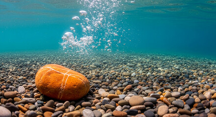 Underwater shot with round pebbles and orange rock, showing the meeting point of water and stone, representing natural calmness and exploration