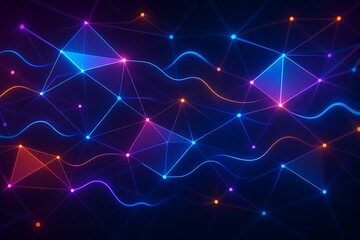 Abstract network of glowing geometric shapes and wavy lines