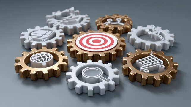interconnected gears displaying icons of a target globe magnifying glass shopping cart and marketing symbols represents customer targeting digital marketing strategy automation business optimi