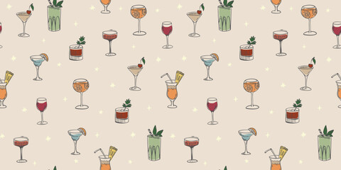 Seamless cocktail pattern. Hand drawn drinks on beige background for birthday, party, celebration