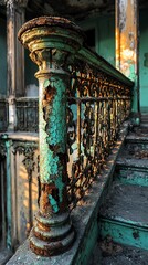 Decaying splendor: Faded grandeur of an abandoned staircase with aged metalwork