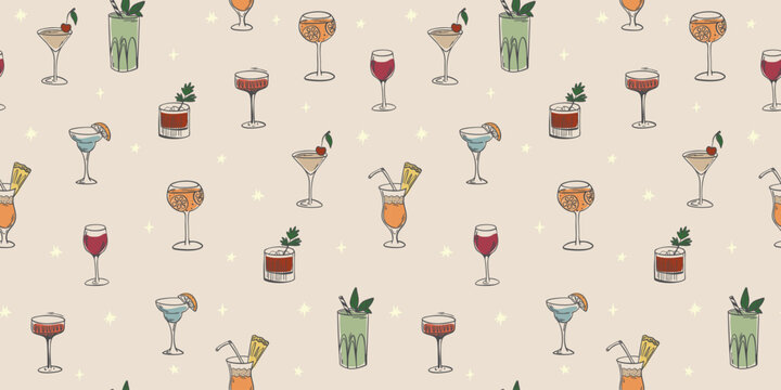 Seamless cocktail pattern. Hand drawn drinks on beige background for birthday, party, celebration - Powered by Adobe