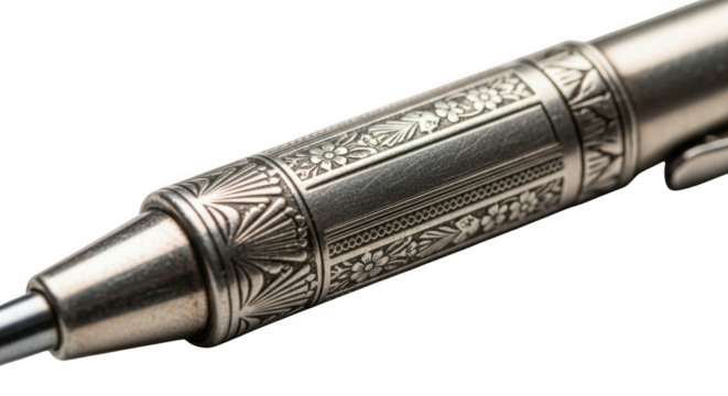 Macro view of ornate silver vintage writing instrument detailed