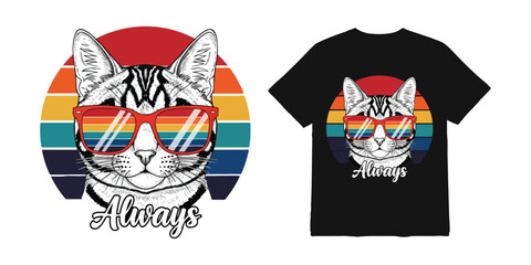Always cat wearing sunglasses illustration on vintage striped sunset T-shirt.