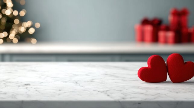 Decorative marble counter display with blurred gift boxes and heart shapes in a cozy environment