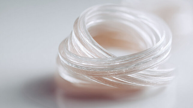 Abstract macro shot of intertwined clear plastic rings on a clean white surface. Great for concepts related to connectivity, technology, or minimalistic design.