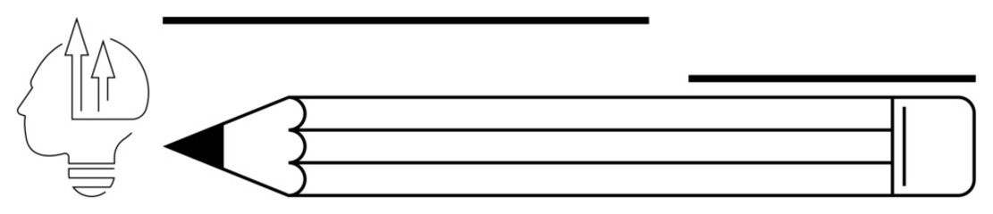 Obraz premium Pencil with eraser, arrows emerging from the brain in light bulb shape, straight lines. Ideal for creativity, education, innovation, writing, learning, problem-solving simple flat metaphor
