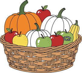 Autumn harvest basket with pumpkins and apples