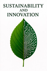 A green leaf is divided, showcasing nature on one side and circuit board patterns, symbolizing sustainability and technological innovation.
