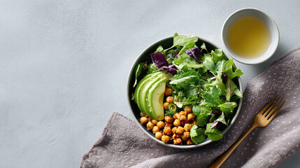 Healthy  vibrant salad featuring fresh greens, avocado,  roasted chickpeas. Ideal for wellness blogs, recipe sites, or nutritionrelated projects.