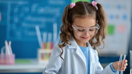 smiling young girl in lab coat conducting fun science experiment with colorful liquids in classroom laboratory environment