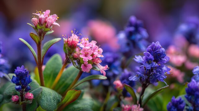 Detailed view of purple bugleweed and pink thrift with budding flowers highlighting the vibrant colors and textures of spring