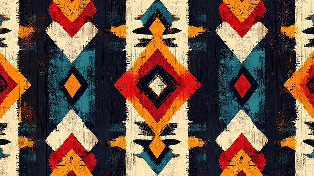 Detailed symmetrical pattern featuring distressed geometric shapes and vibrant colors on seamless background. The artwork showcases unique texture with a bohemian and contemporary style.